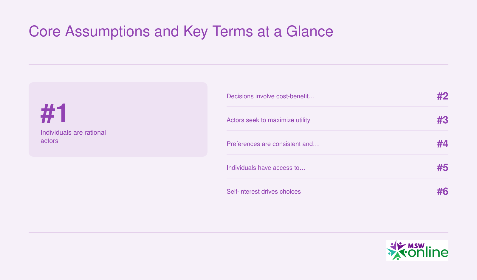 Six core assumptions of rational choice theory listed as numbered principles for student reference