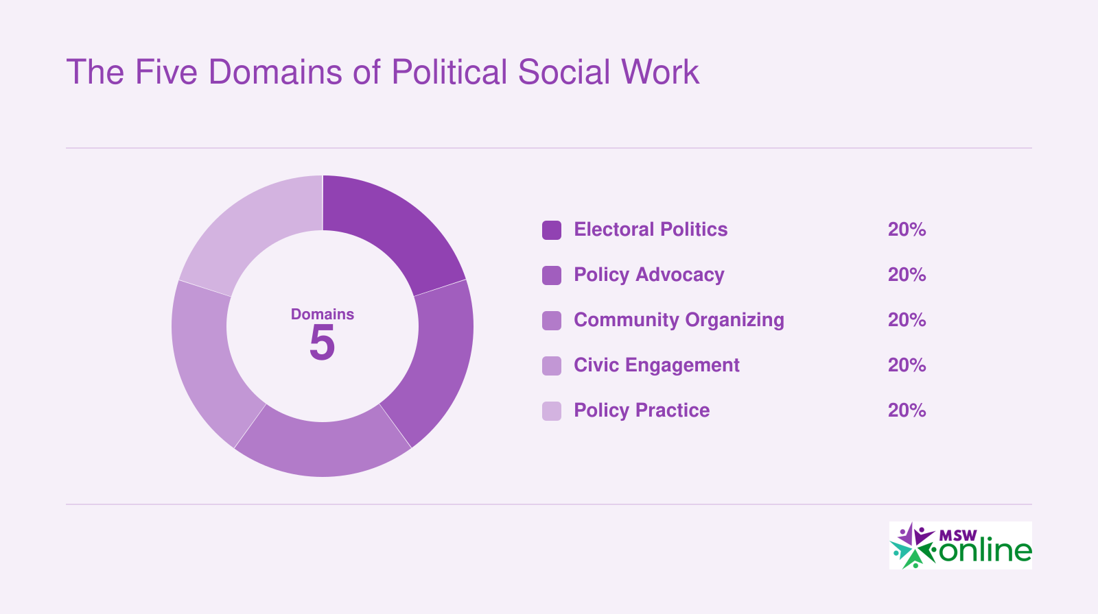 Five equal domains of political social work: electoral politics, policy advocacy, community organizing, civic engagement, and policy practice