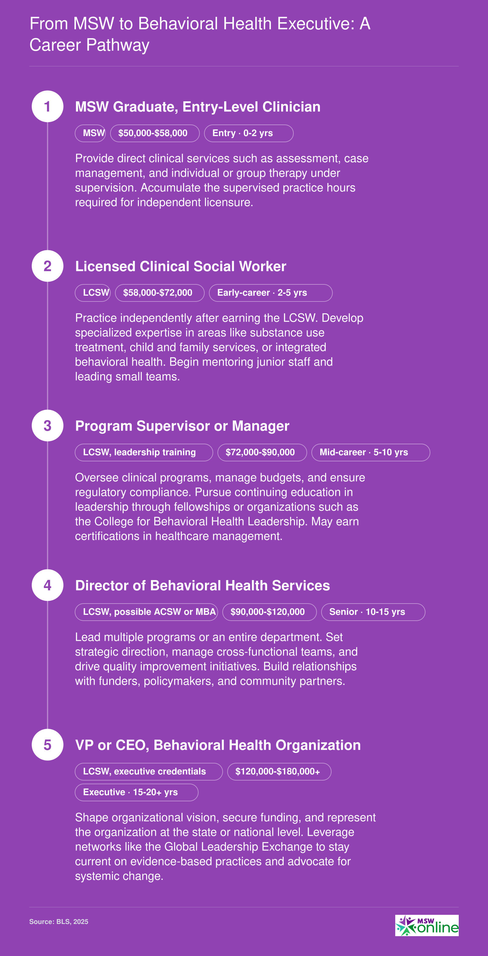Five-stage career pathway from MSW graduate to behavioral health CEO, showing credentials and salary bands at each level