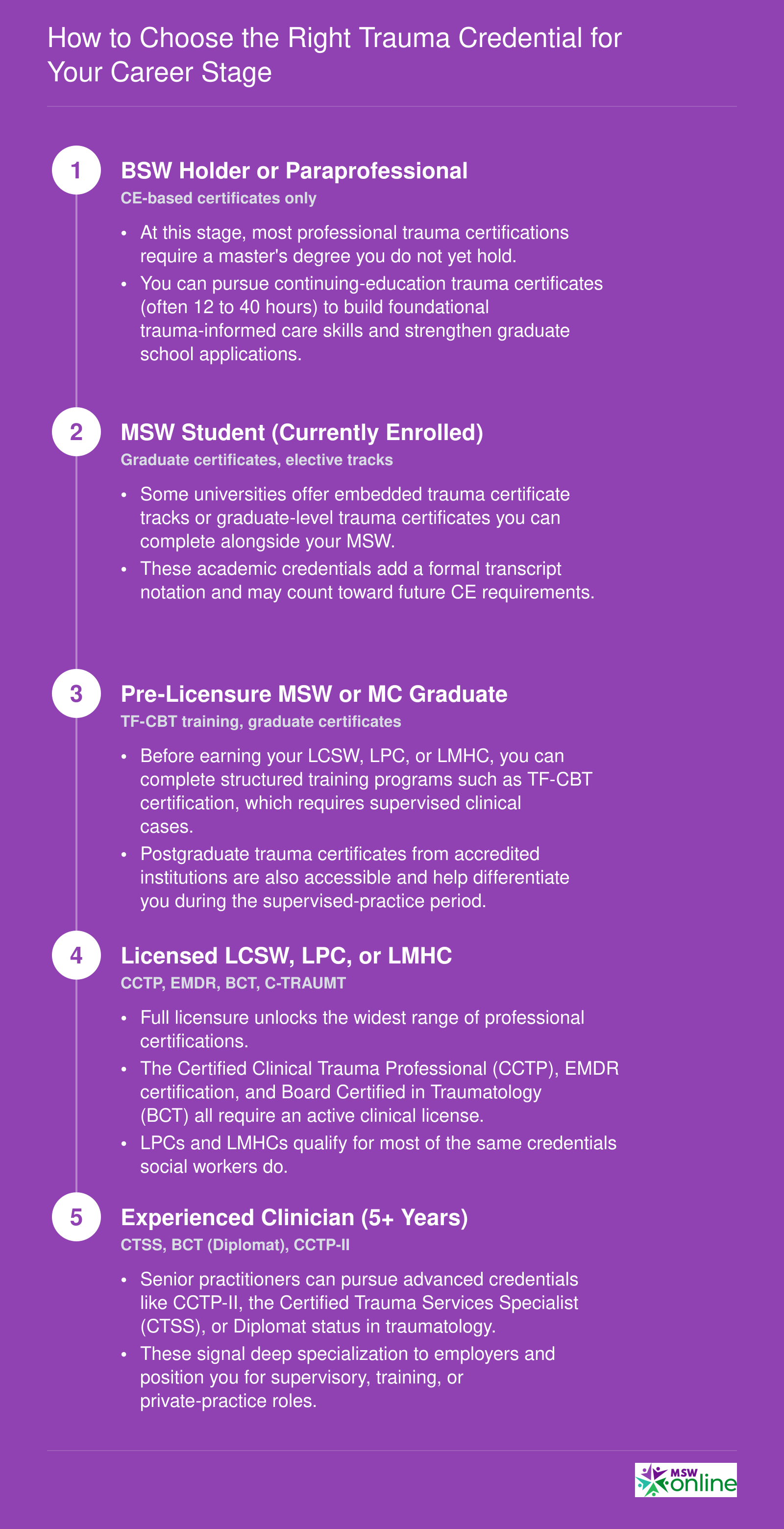 Five-stage career sequence from BSW holder to experienced clinician showing which trauma credentials are accessible at each level