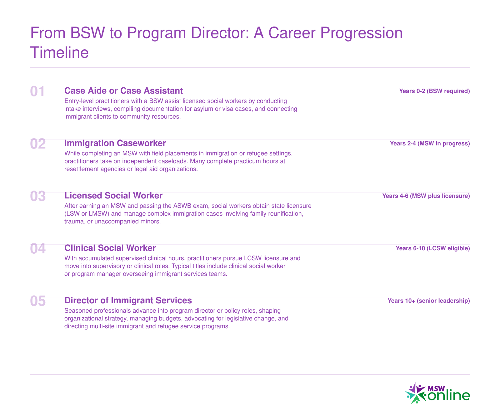 Five-stage career timeline from BSW case aide through MSW caseworker, licensed social worker, LCSW clinical role, to program director of immigrant services over 10-plus years