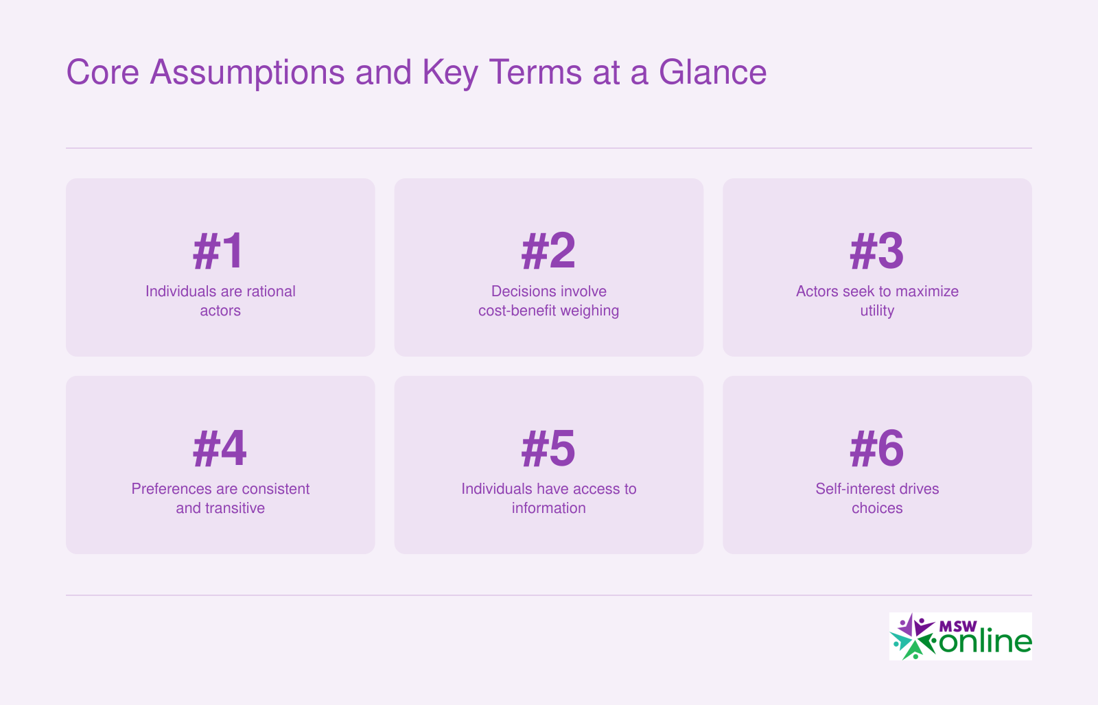 Six core assumptions of rational choice theory listed as numbered principles for student reference