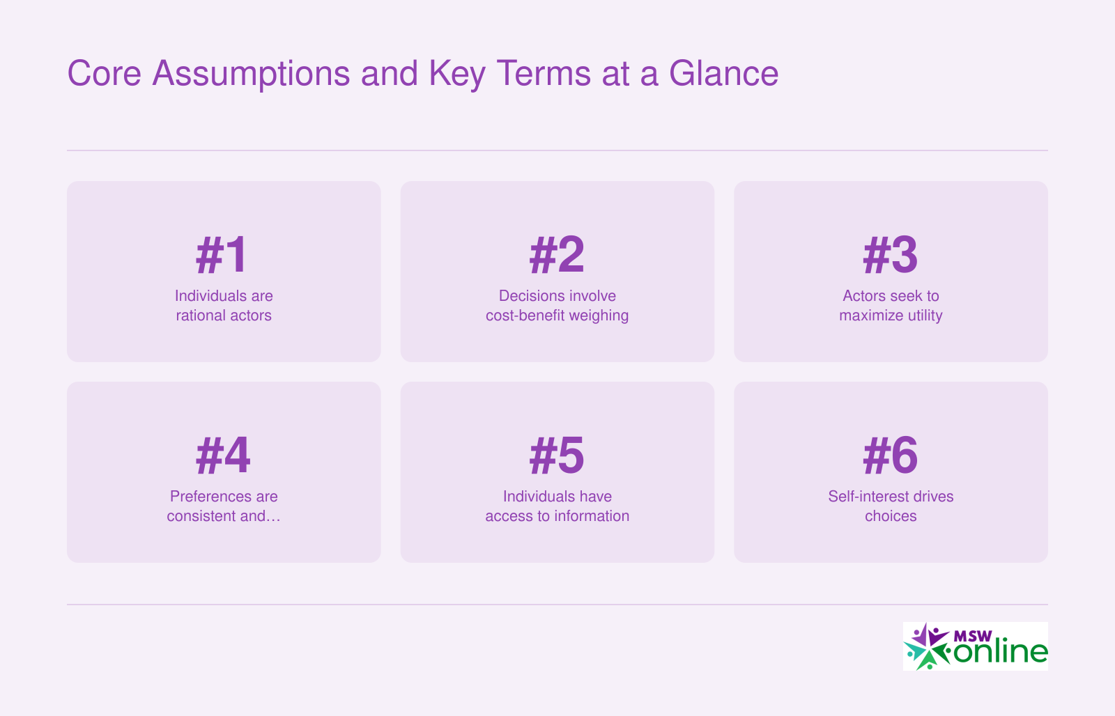 Six core assumptions of rational choice theory listed as numbered principles for student reference