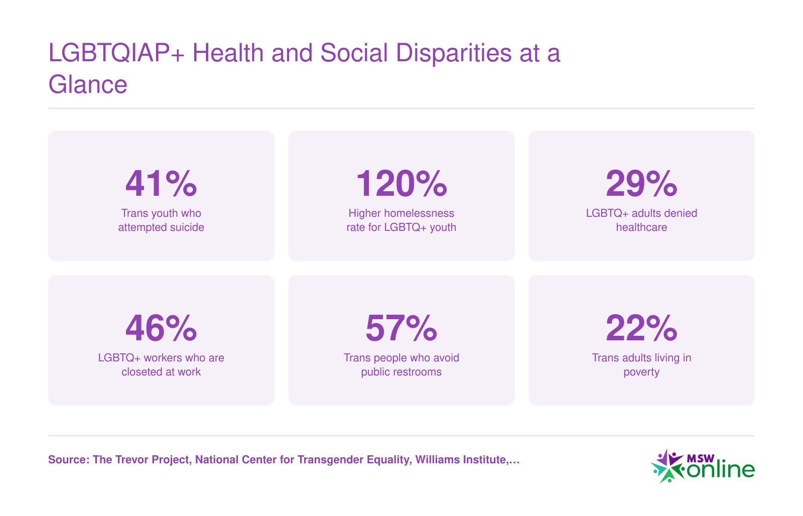 Six key disparity statistics for LGBTQIAP+ populations covering suicide attempts, homelessness, healthcare discrimination, workplace closeting, public restroom avoidance, and poverty rates