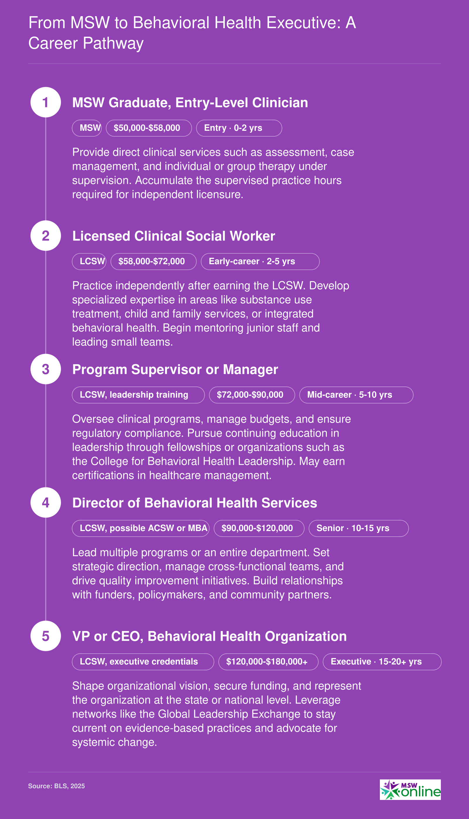 Five-stage career pathway from MSW graduate to behavioral health CEO, showing credentials and salary bands at each level