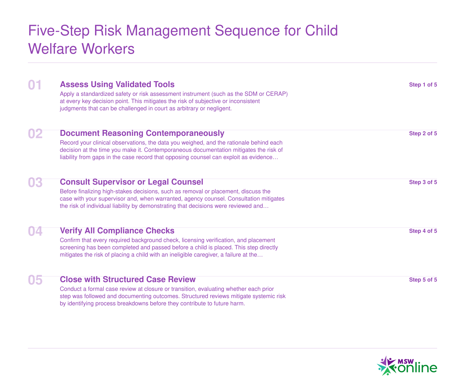 Five sequential risk management steps for child welfare social workers, from validated assessment through structured case review