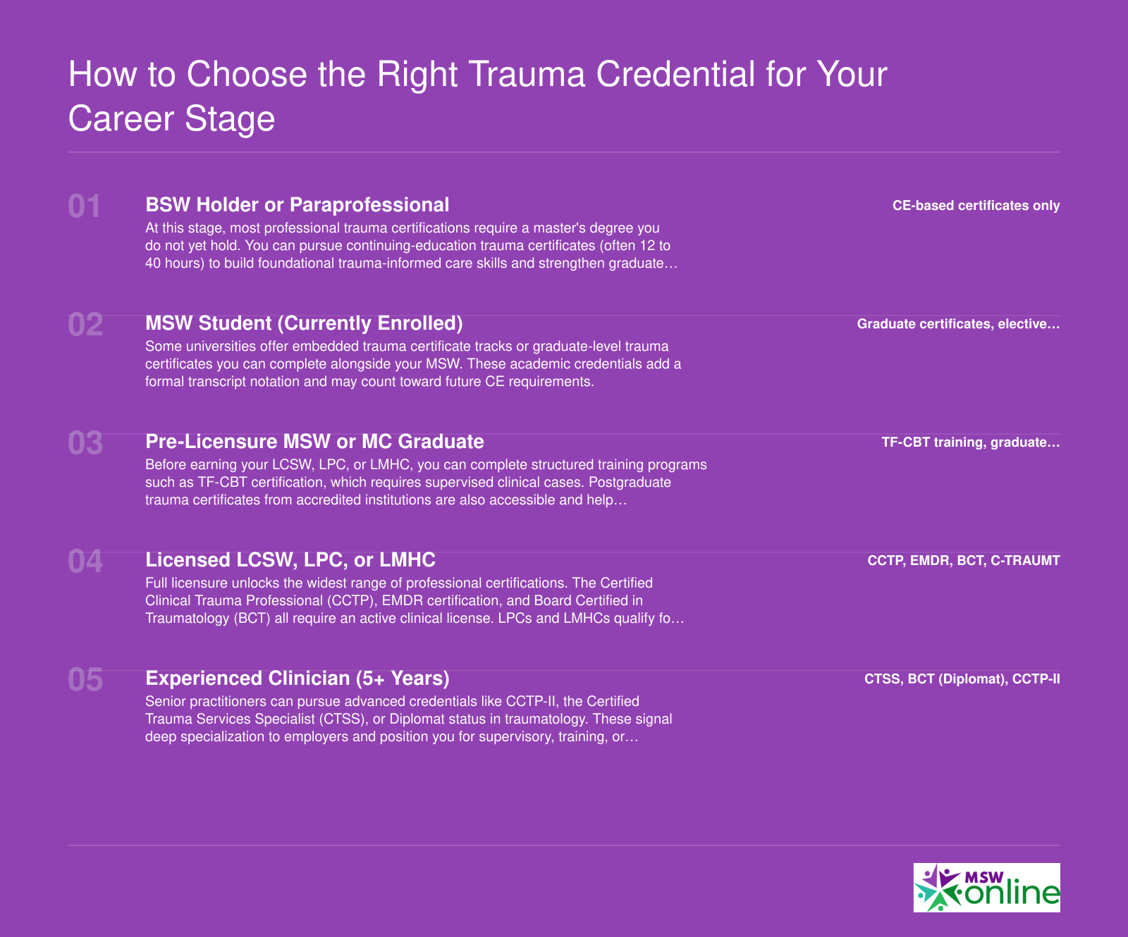 Five-stage career sequence from BSW holder to experienced clinician showing which trauma credentials are accessible at each level