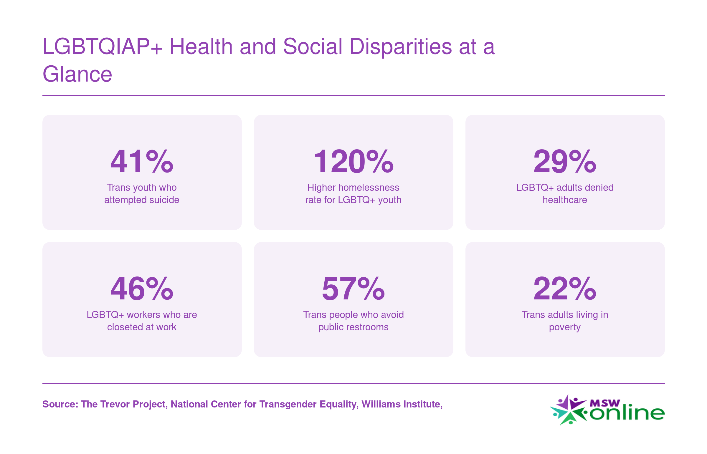Six key disparity statistics for LGBTQIAP+ populations covering suicide attempts, homelessness, healthcare discrimination, workplace closeting, public restroom avoidance, and poverty rates