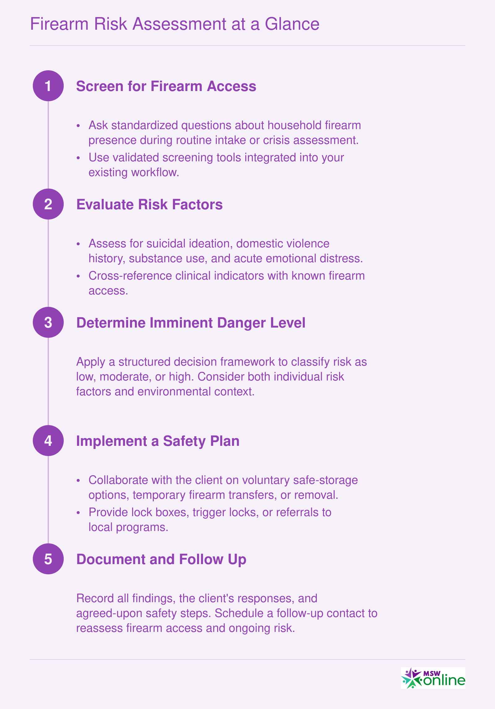Five-step firearm risk assessment sequence for social workers, from screening to documentation