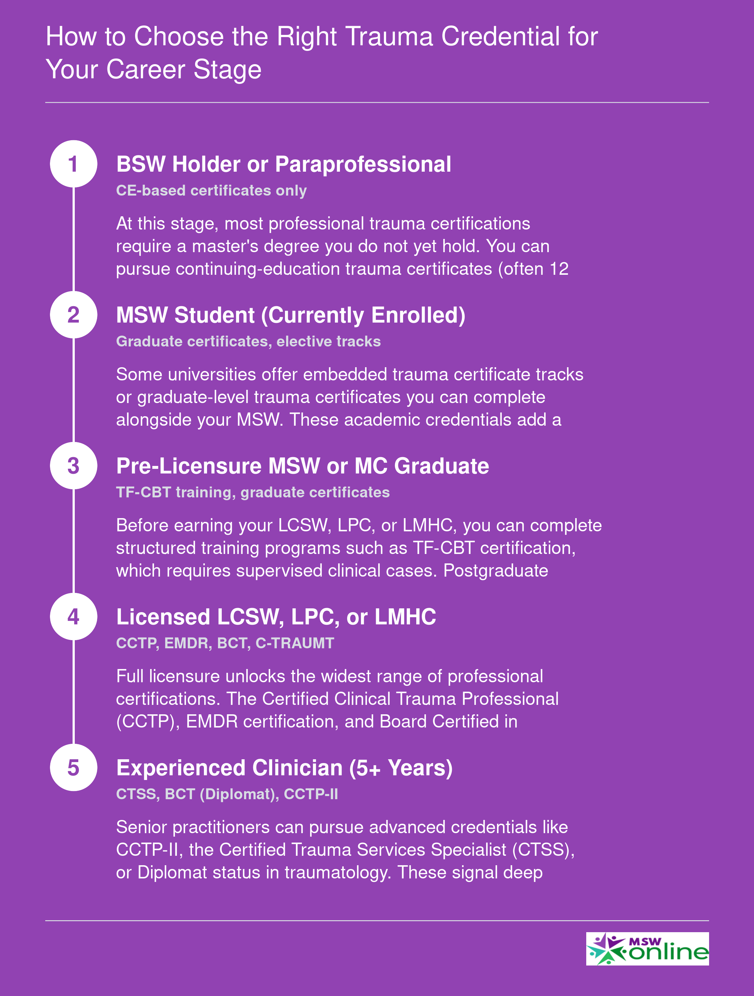 Five-stage career sequence from BSW holder to experienced clinician showing which trauma credentials are accessible at each level
