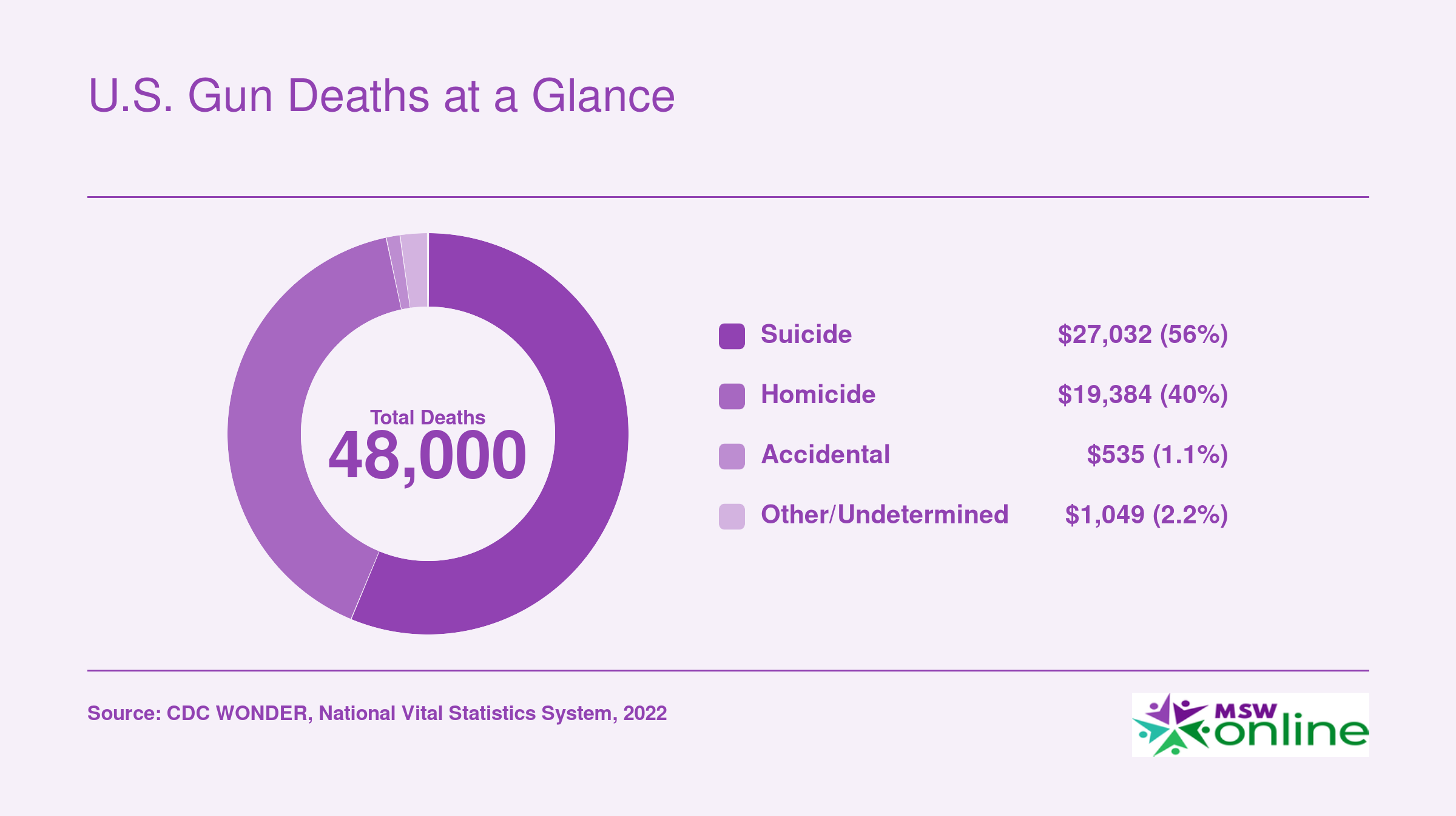 Breakdown of roughly 48,000 annual U.S. gun deaths: suicide, homicide, accidental, and other, 2022 CDC data